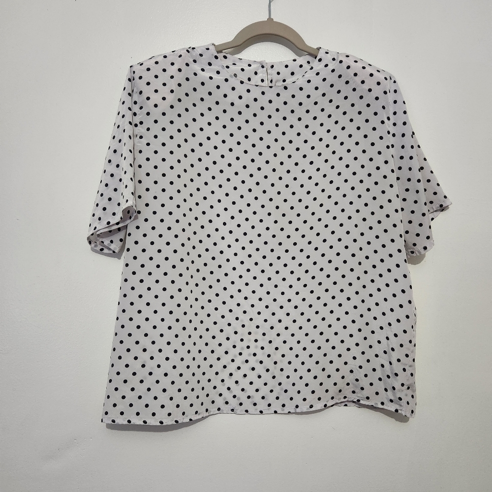 Gianna Medium White Black Polka Dot Blouse Shoulder Pads Short Sleeve Vtg Style